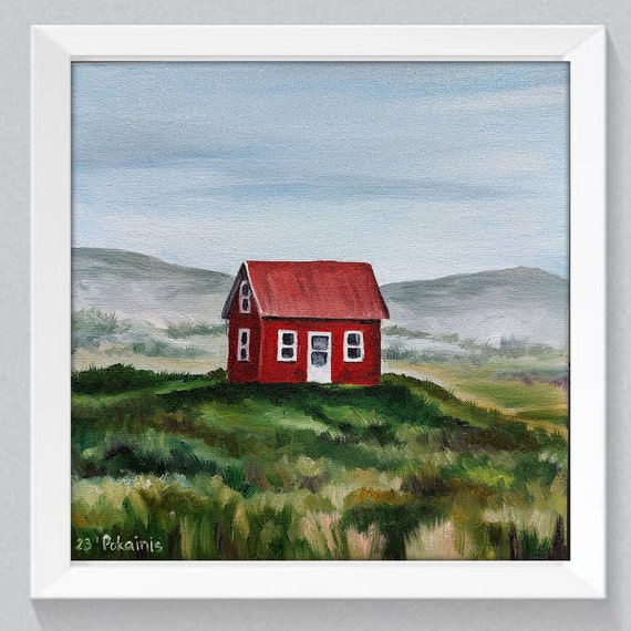 Landscape Original Oil Painting Custom House Painting Meadow Small Oil Painting 8x8 Oil Artwork Mountain Wall Art Kitchen Fine Art