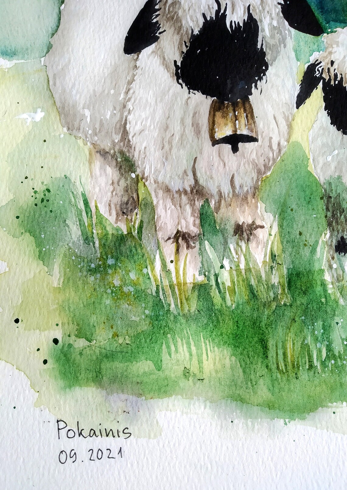 Black Faced Sheep and Her Woolly Lamb in Meadow Watercolor Poster - Image 2