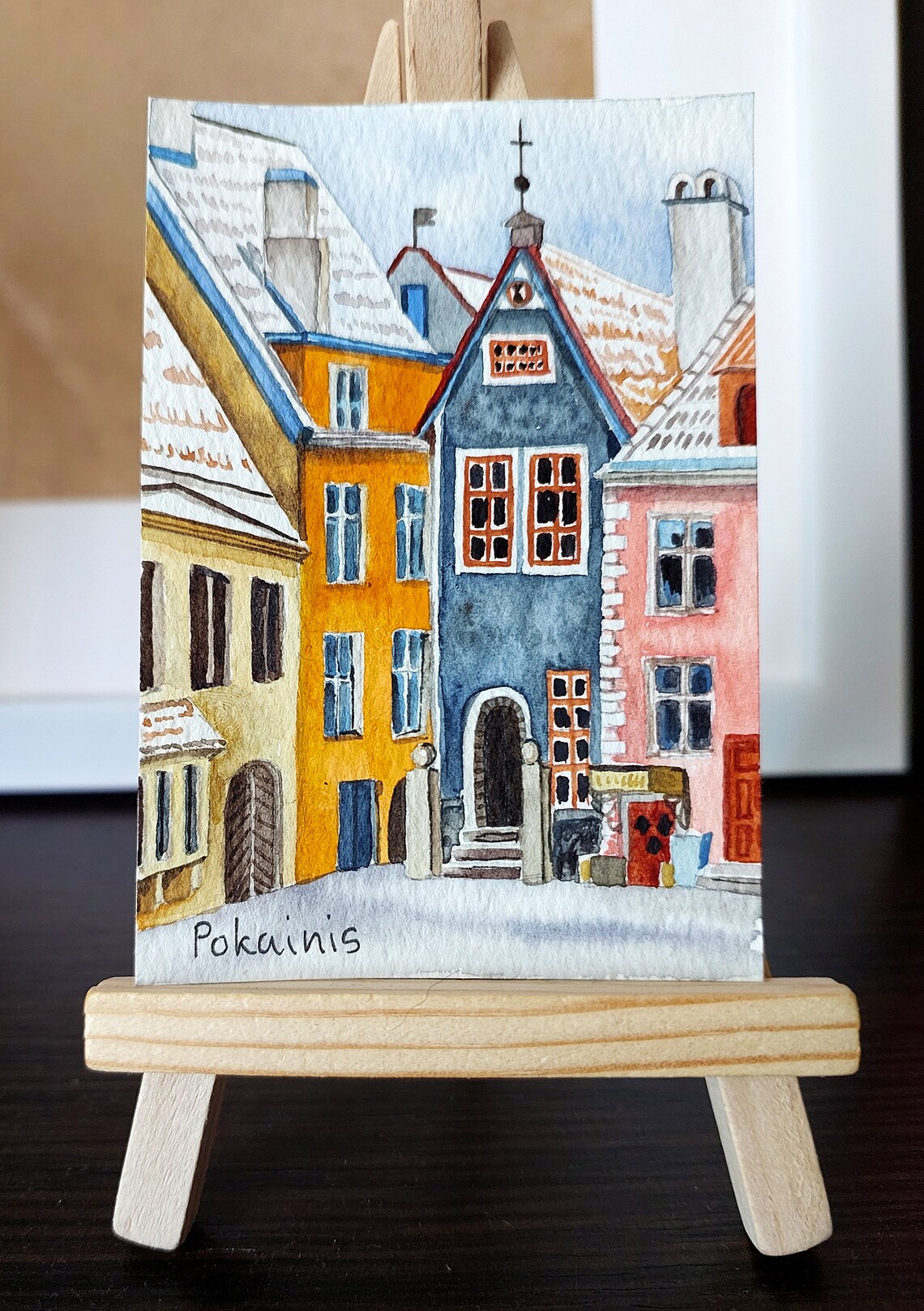 Colorful Old Town Street Houses Watercolor ACEO Miniature Art Poster