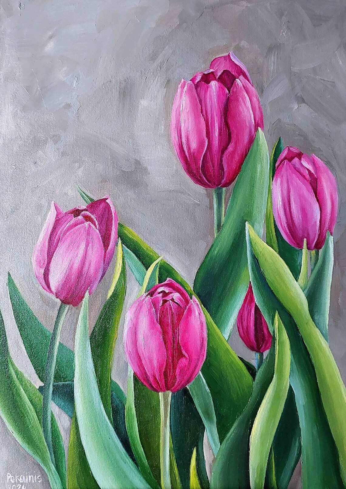 Pink Tulip Oil Painting Poster Fresh Blooms On Gray Background