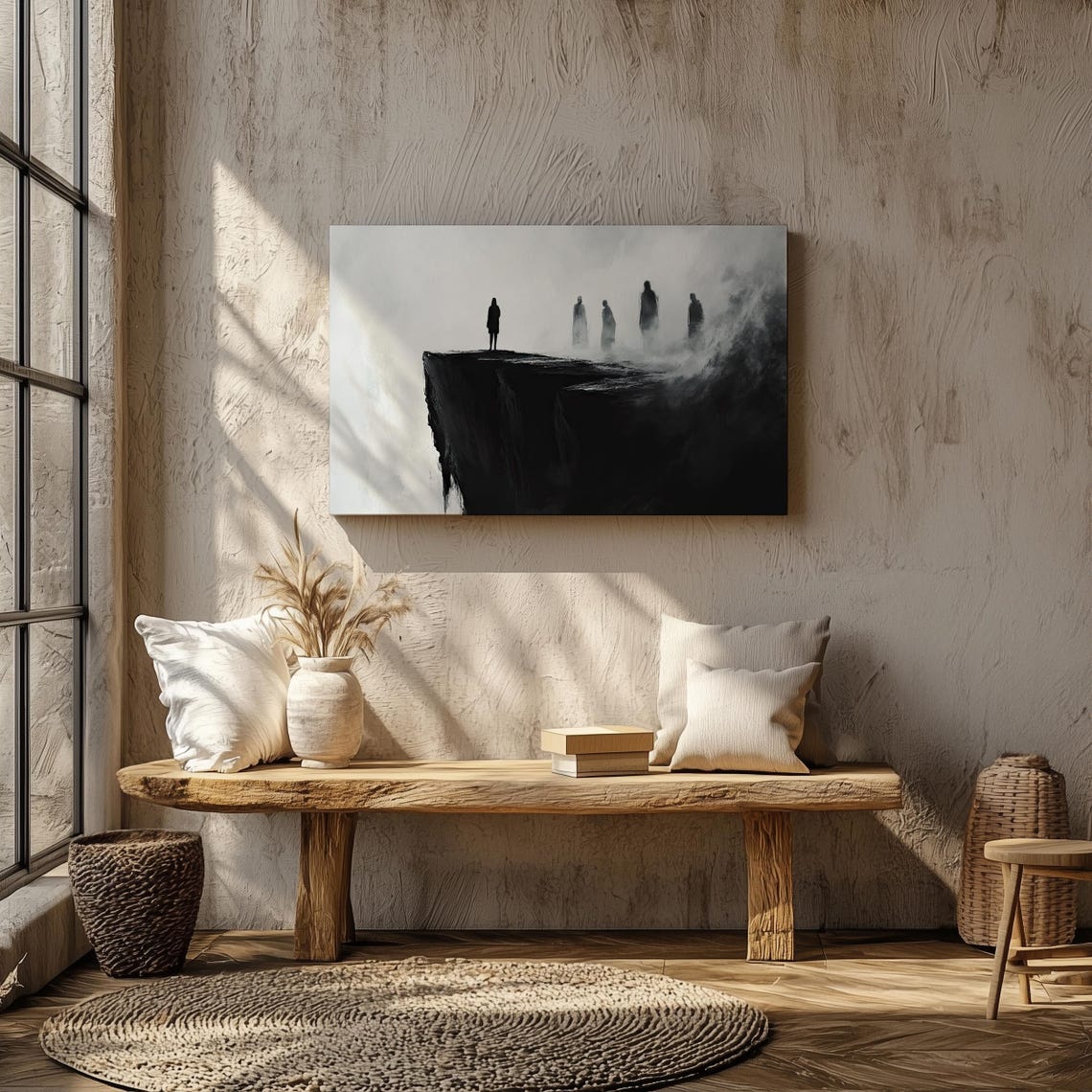 Lone Figure Cliff Edge Surreal Black White Fog Figures Poster - Image 5