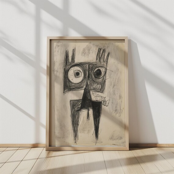 Primitive Cat Sketch Charcoal Big Eyes Abstract Animal Art Poster