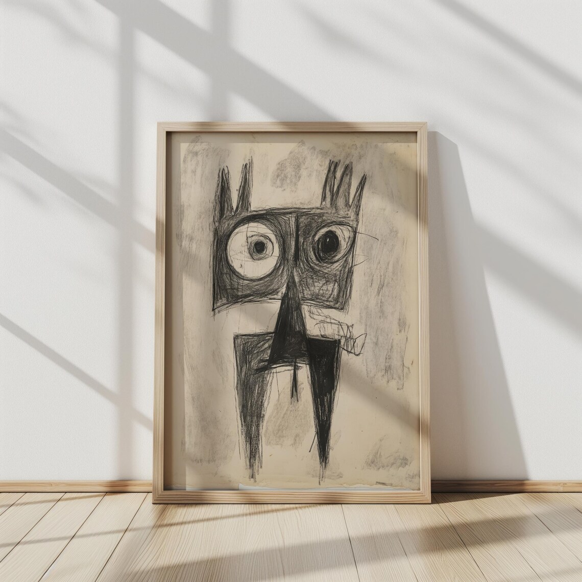 Primitive Cat Sketch Charcoal Big Eyes Abstract Animal Art Poster