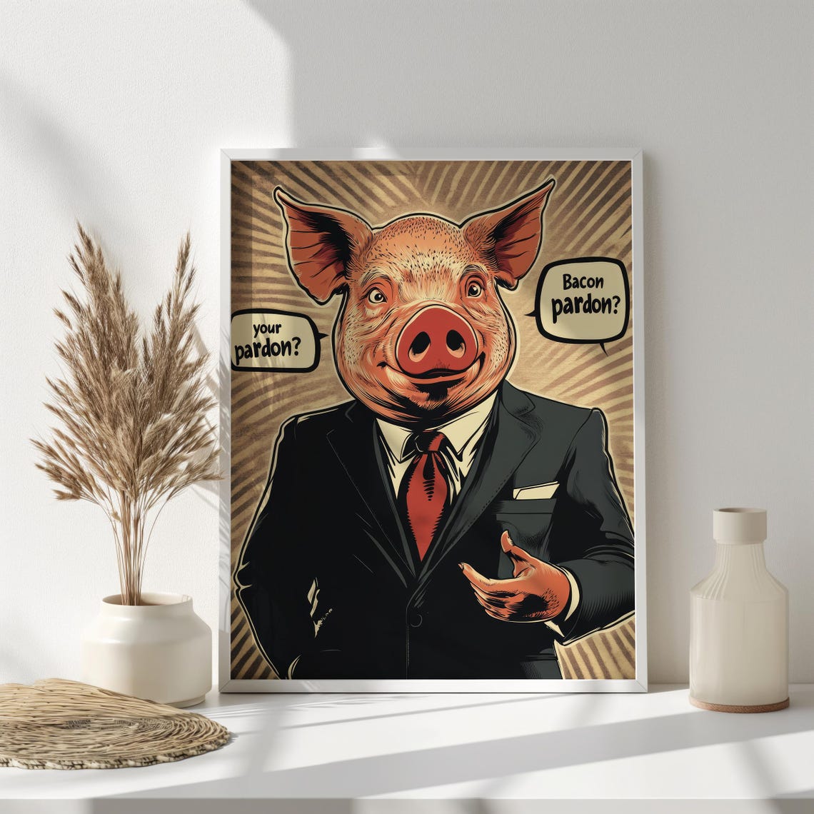 Retro Comic Pig Business Suit Funny Bacon Quote Vintage Wall Art Print