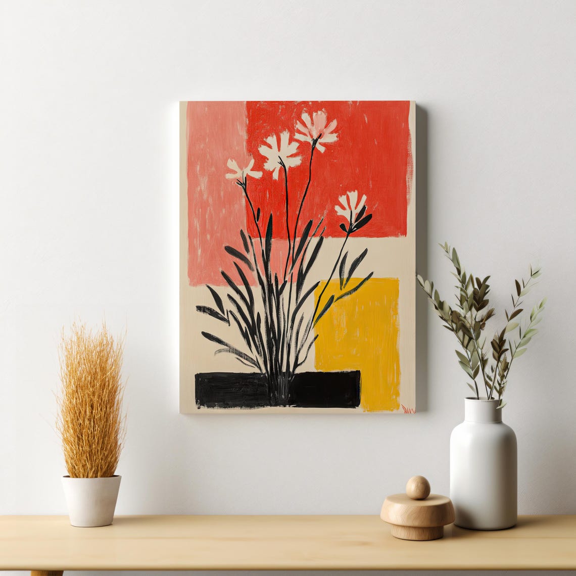 Abstract White Blossoms Floral Art Red Coral Yellow Blocks Poster - Image 4
