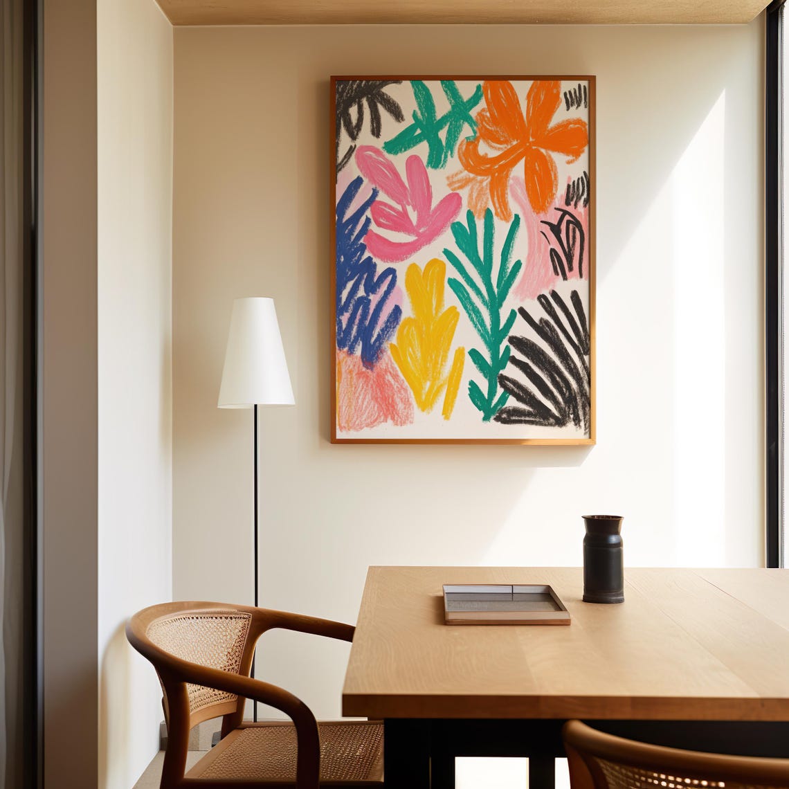 Tropical Botanical Abstract Colorful Crayon Leaves Flowers Poster - Image 4