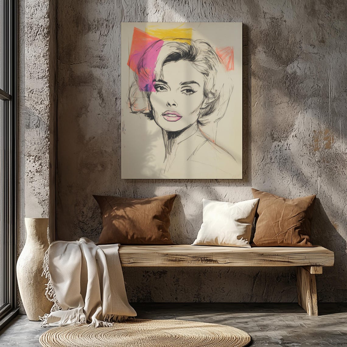 Retro Pop Art Woman Portrait Charcoal Sketch Neon Color Blocks Poster - Image 8