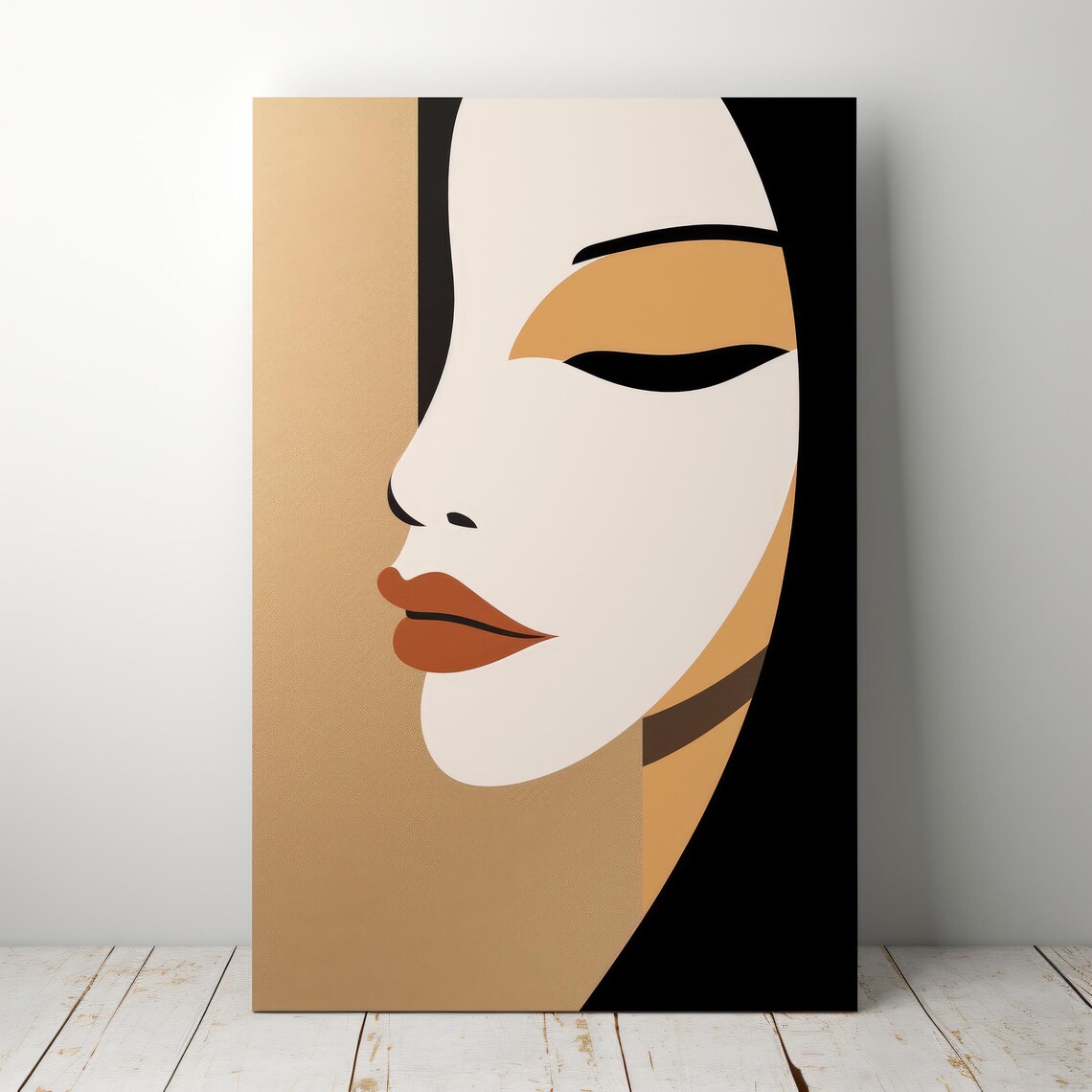 Minimalist Woman Profile Portrait Cream Black Gold Closed Eyes Art Print - Image 7
