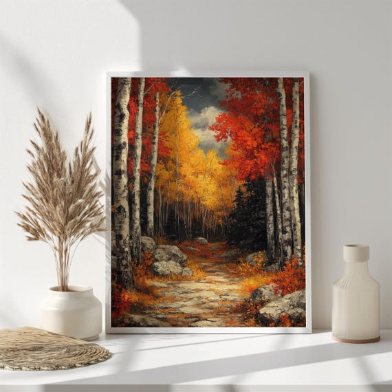 Autumn Forest Oil Pastel Art Print Vibrant Fall Foliage With Bold Texture Colorful Nature Wall Art Home Decor Art Ai Art