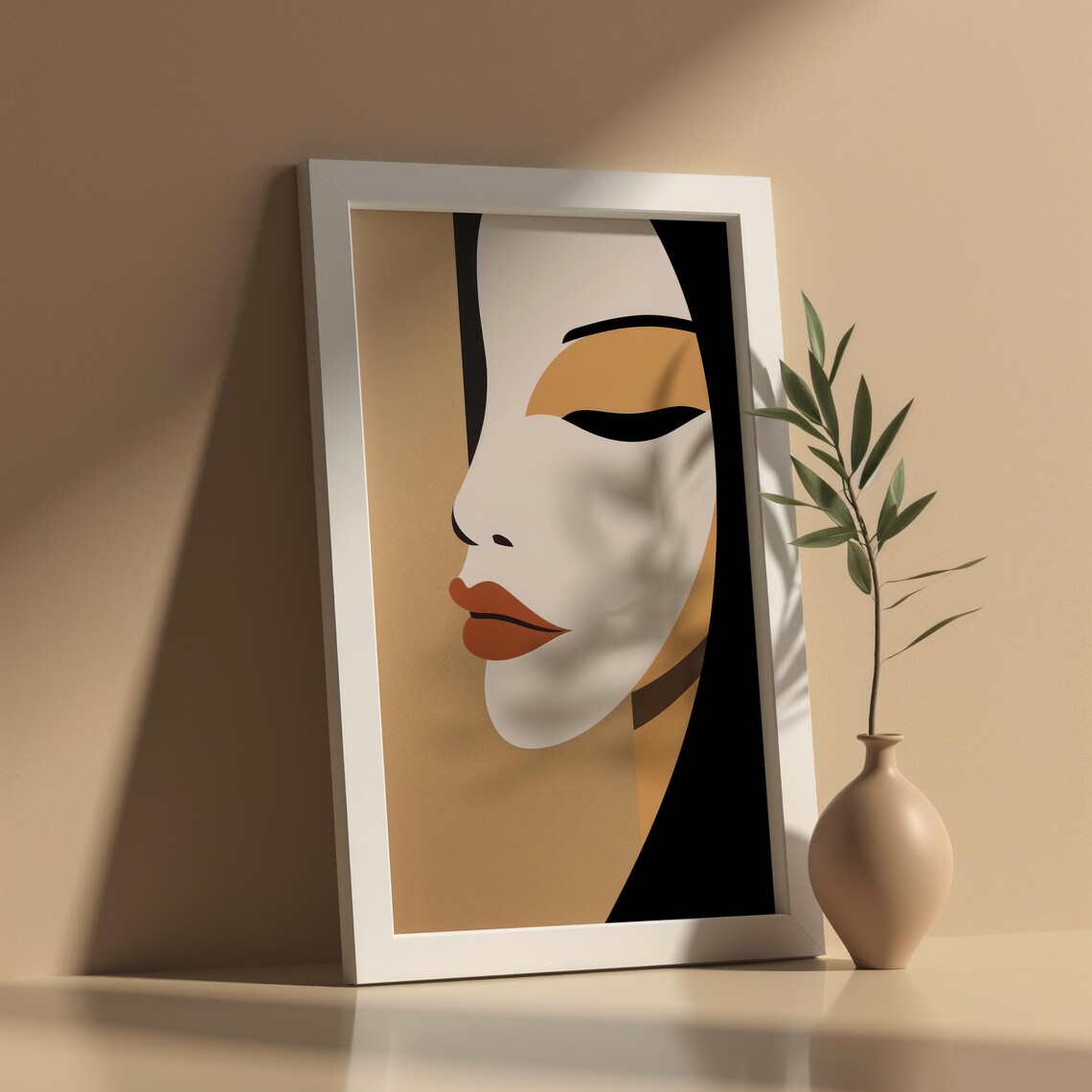 Minimalist Woman Profile Portrait Cream Black Gold Closed Eyes Art Print - Image 5