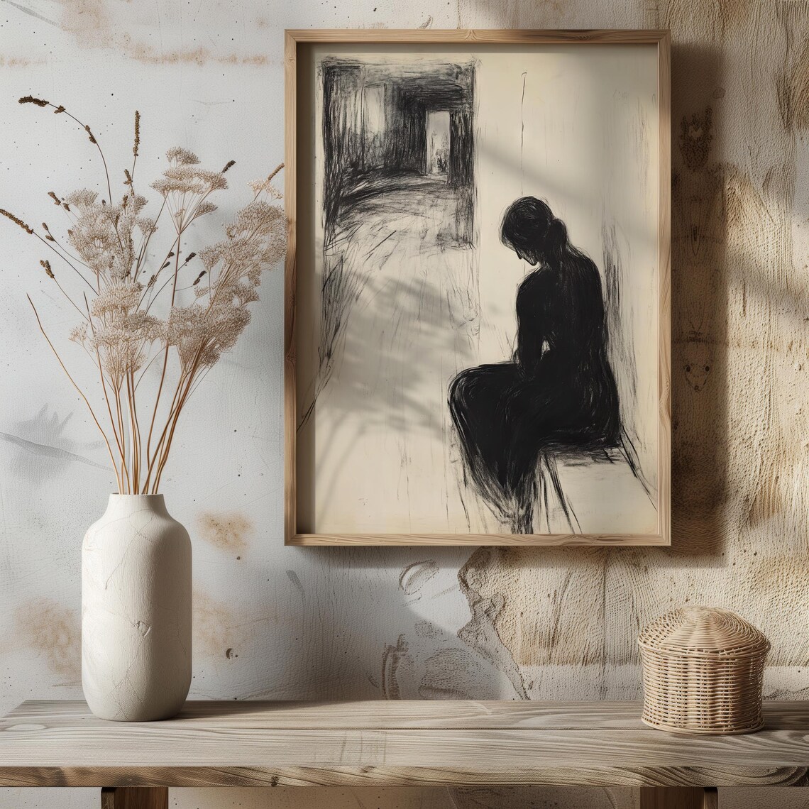 Lonely Seated Figure Charcoal Sketch Emotional Minimalist Art Poster - Image 8
