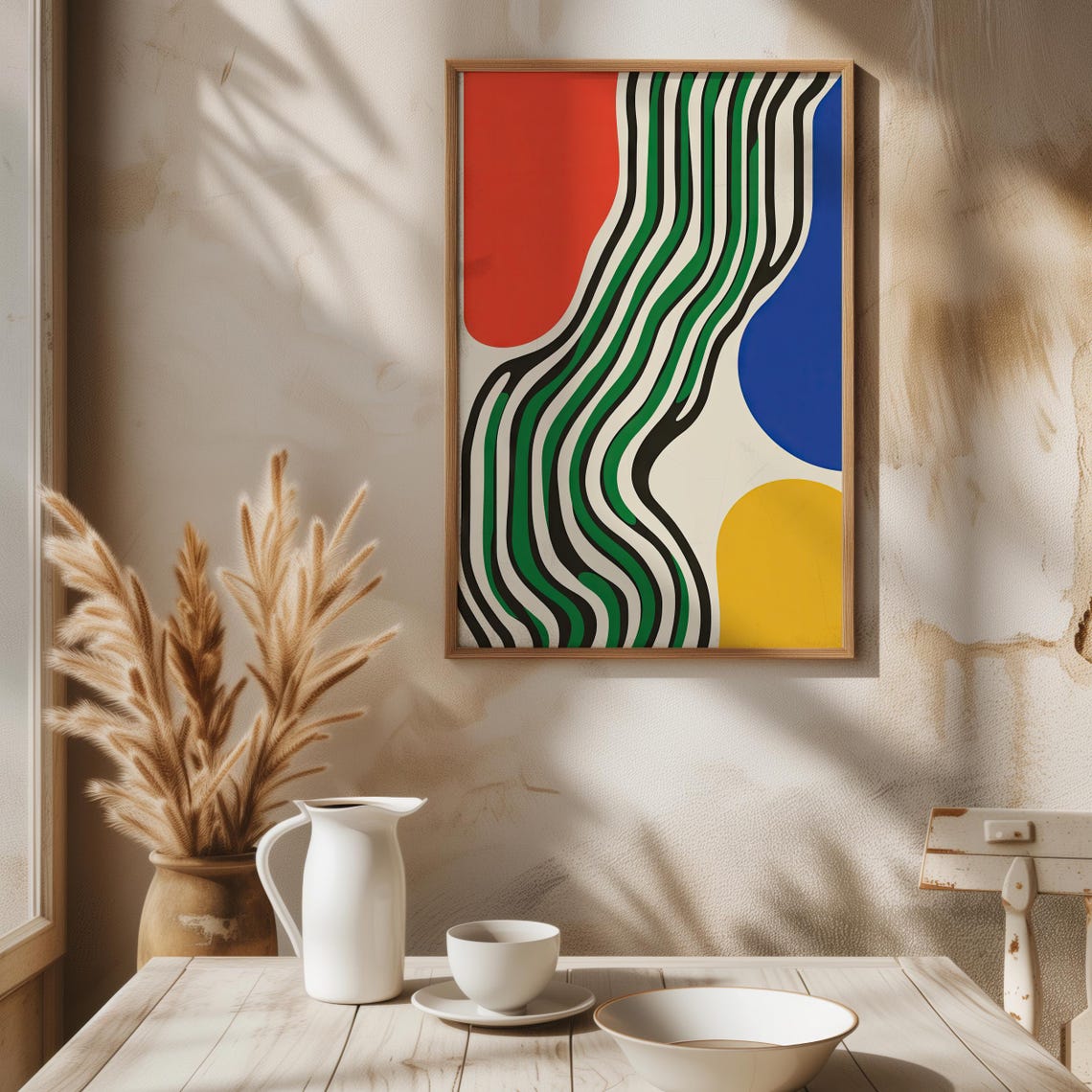 Retro Wavy Stripes Abstract Art Red Blue Yellow Color Block Poster - Image 7