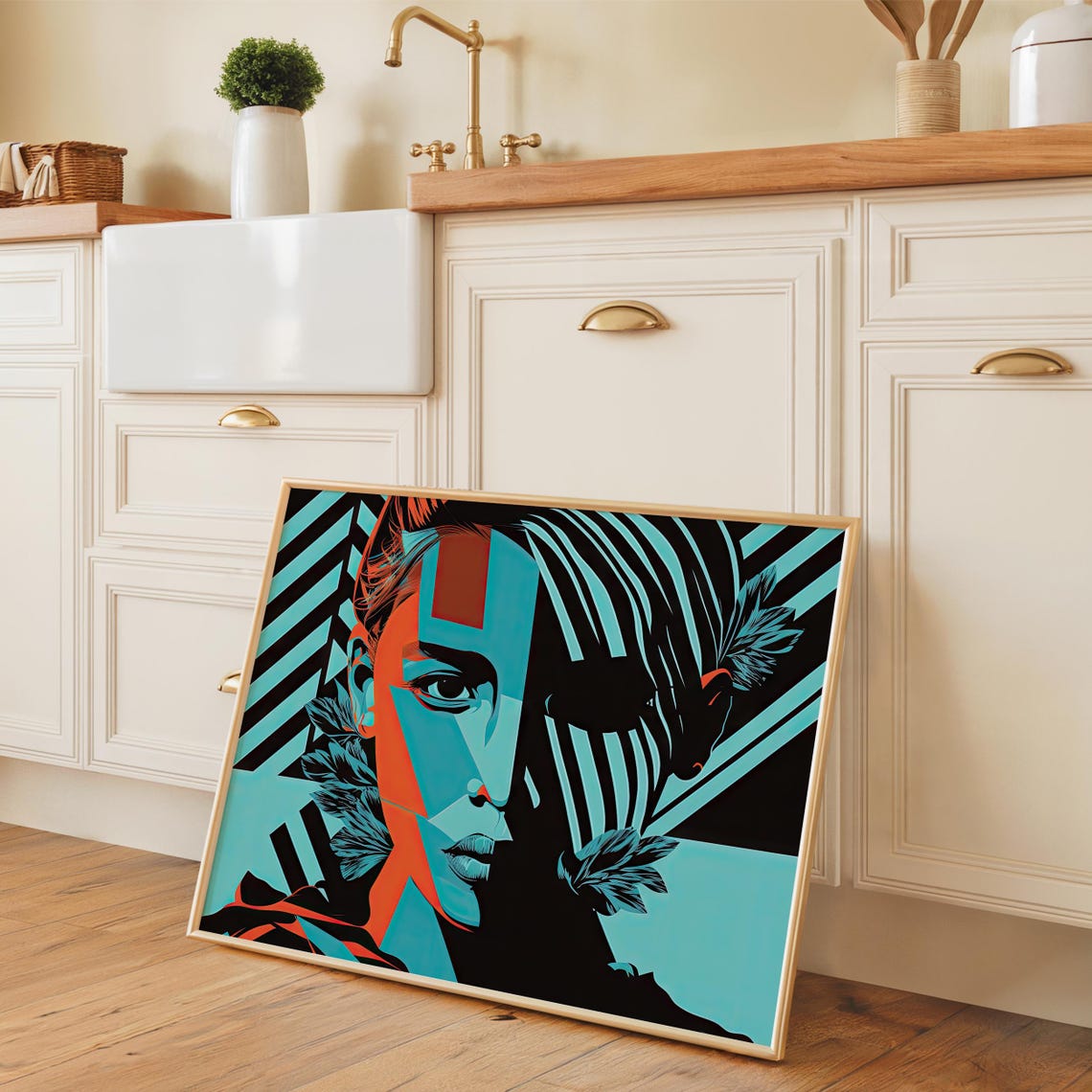 Bold Abstract Portrait Art Modern Geometric Face Striking Blue And Orange Contrast Contemporary Pop Art Wall Decor - Image 3