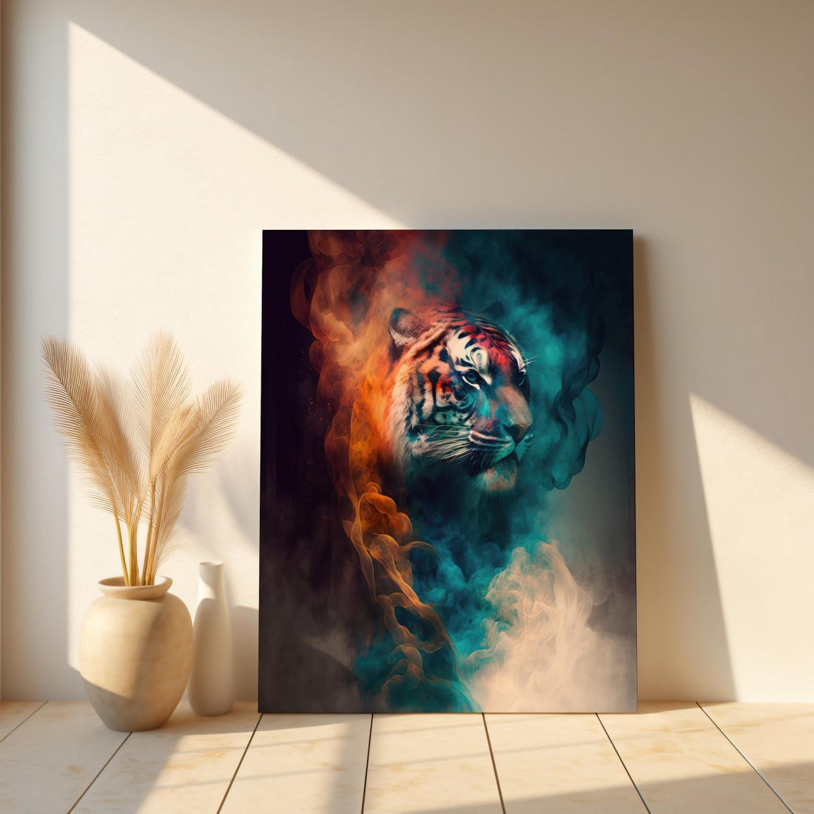 Tiger Head In Colorful Smoke Teal Orange Surreal Animal Art Poster - Image 3