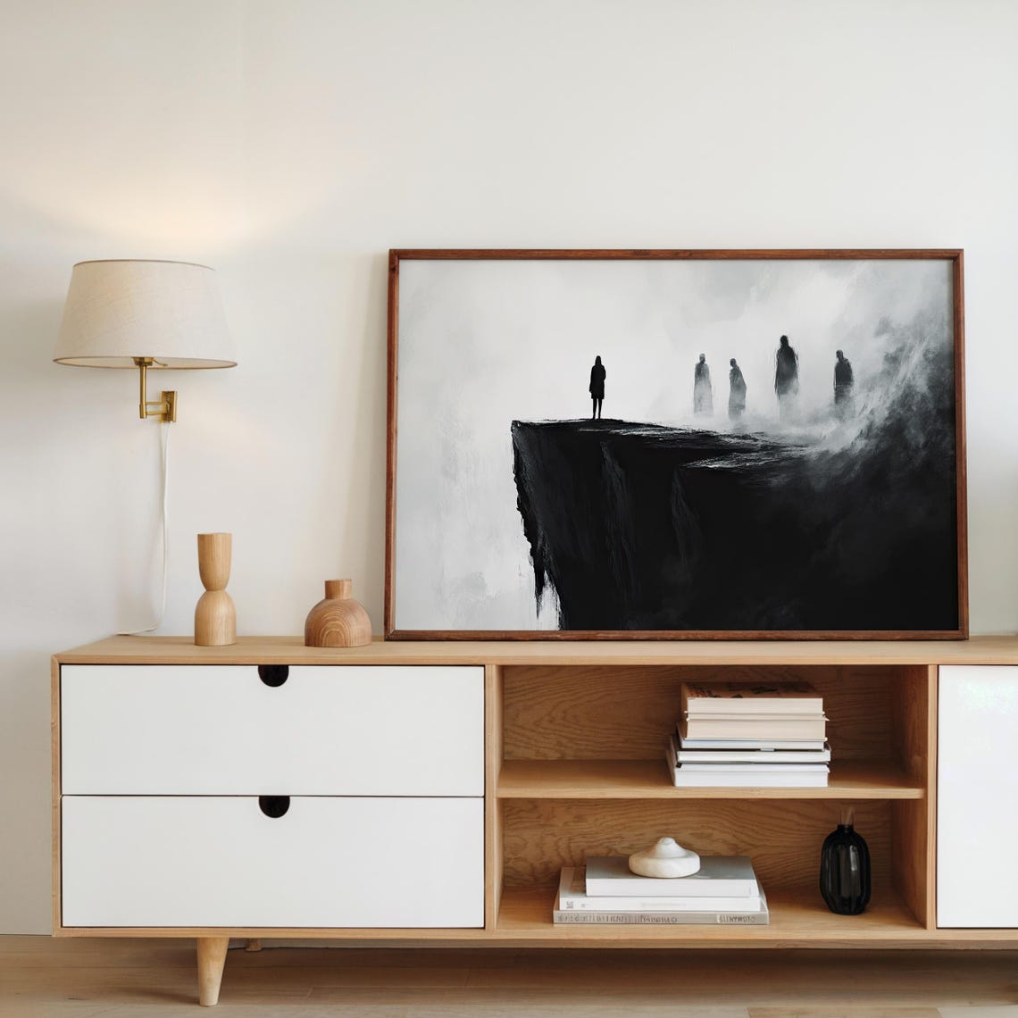 Lone Figure Cliff Edge Surreal Black White Fog Figures Poster - Image 8