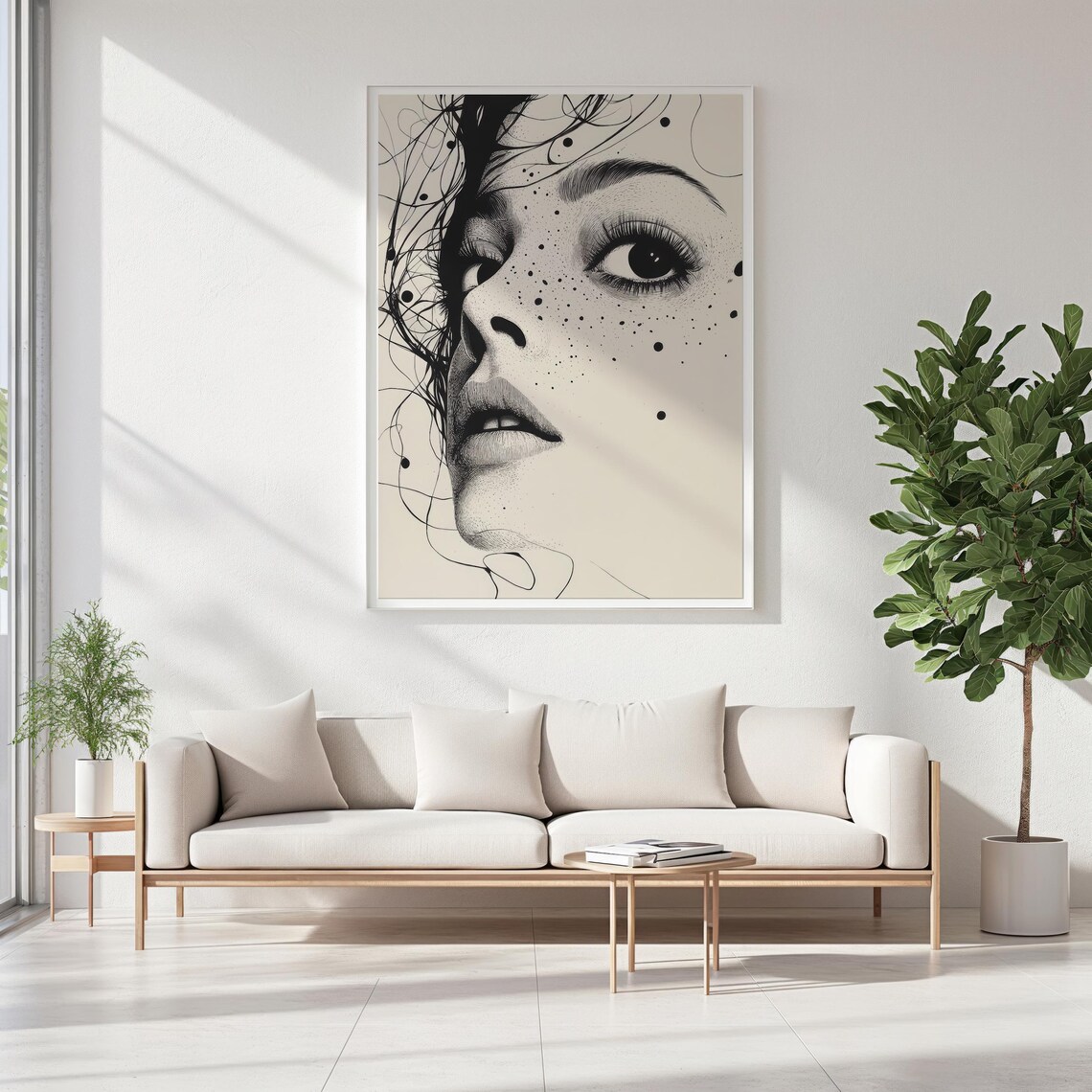 Freckled Woman Ink Portrait Black White Expressive Line Art Poster - Image 5