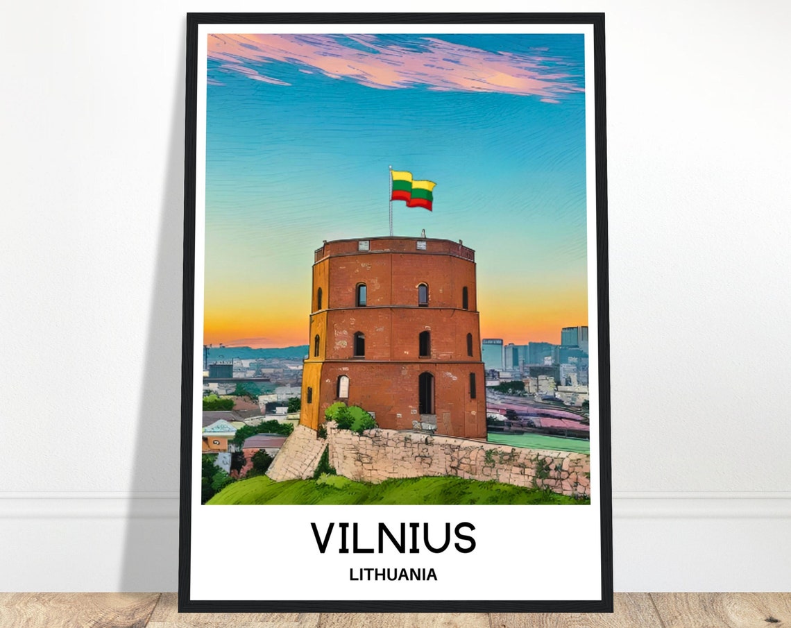 Vilnius Lithuania Gediminas Tower Sunset Flag Capital Travel Poster