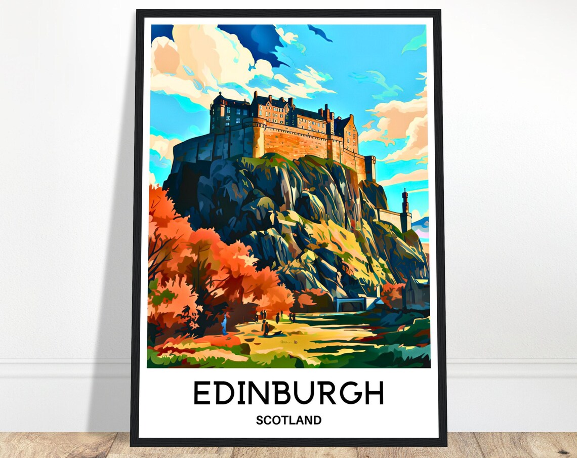 Edinburgh Castle Scotland Autumn Hillside Scene Travel Poster