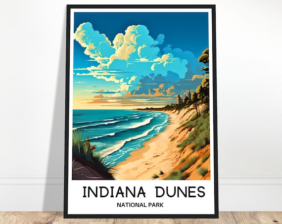 Indiana Dunes National Park Travel Poster Beach Shoreline Sunset