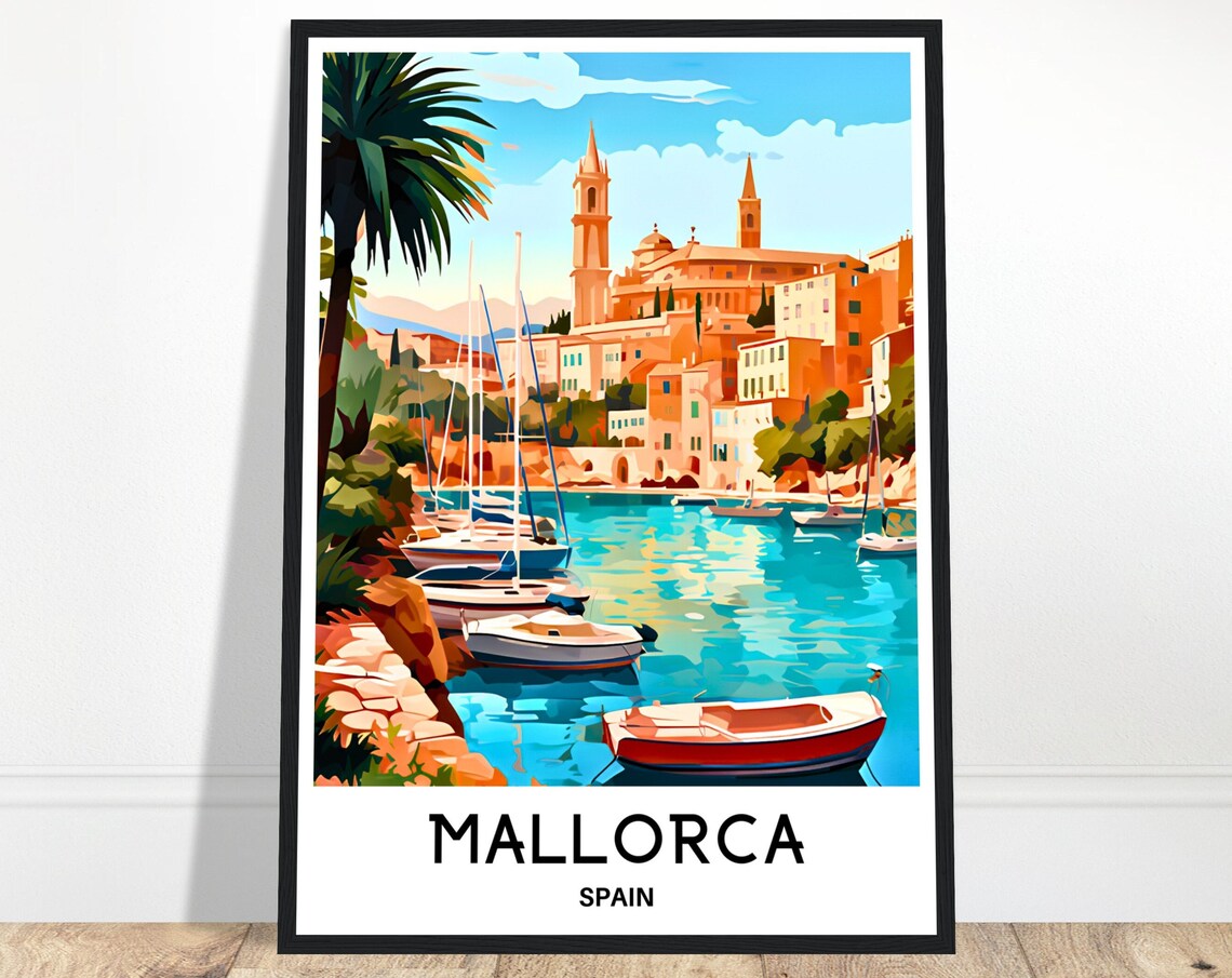 Mallorca Spain Marina Boats and Cathedral Towers Travel Poster