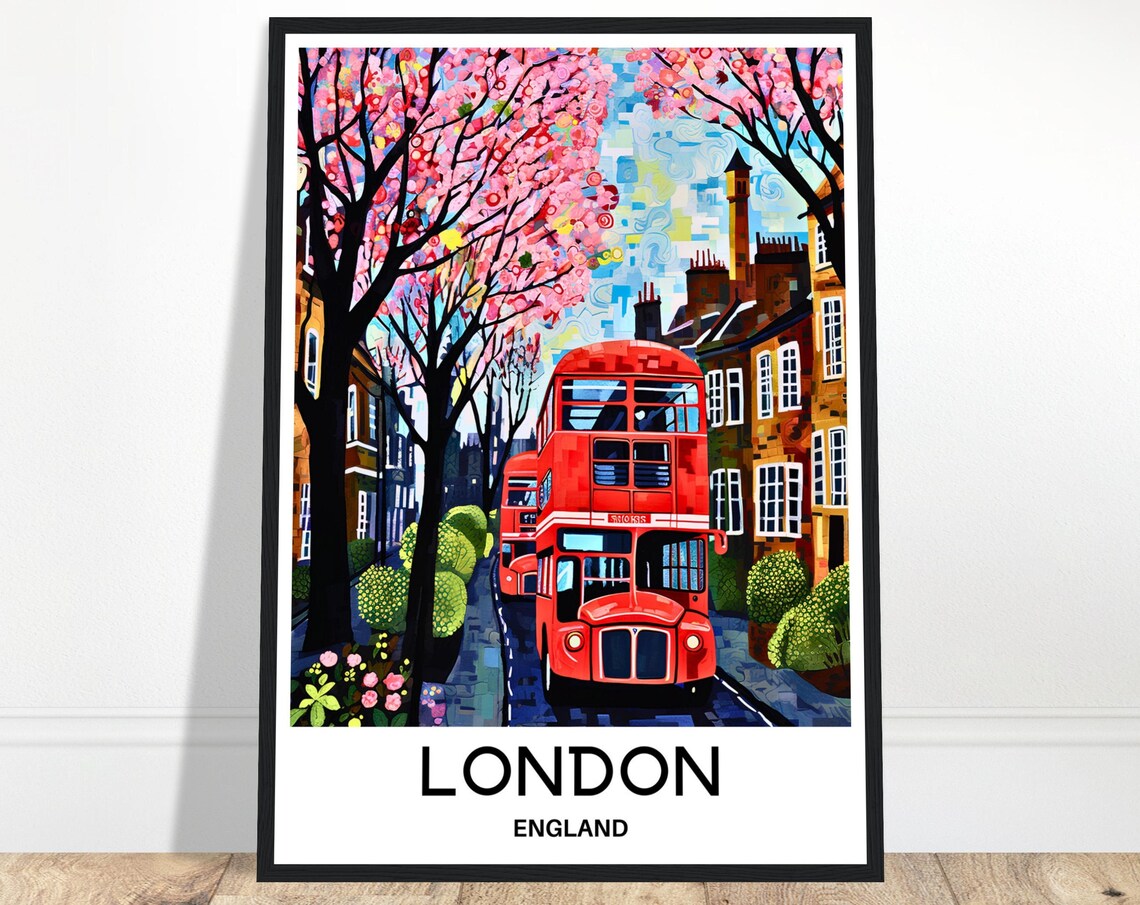 London Cherry Blossom Street Red Buses England Travel Poster