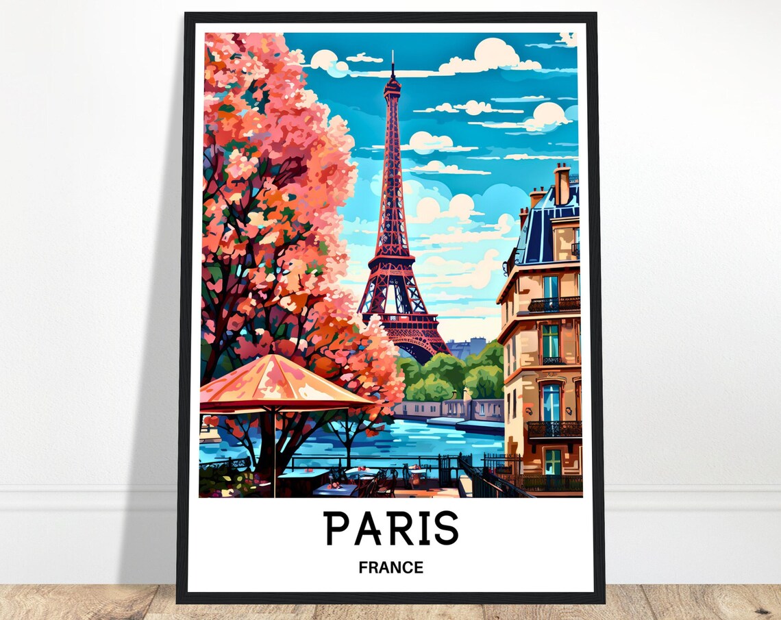 Paris France Eiffel Tower in Pink Cherry Blossom Travel Poster