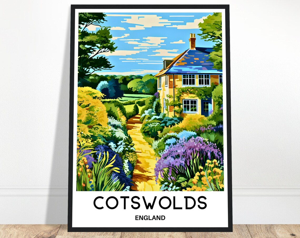 Cotswolds England Cottage Garden Path Illustrated Travel Poster