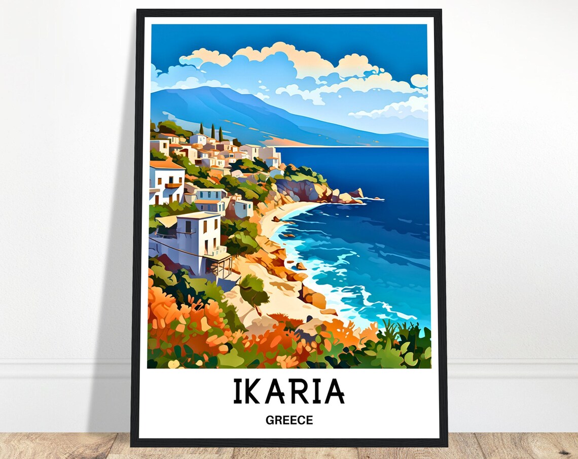 Ikaria Greece Travel Poster White Coastal Village Turquoise Sea