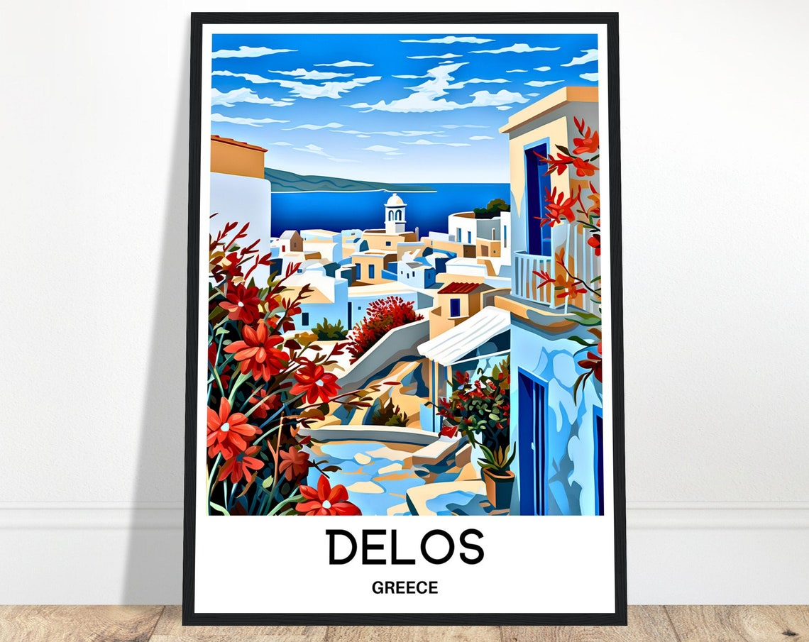 Delos Greece Cycladic Village With Red Flowers Travel Poster