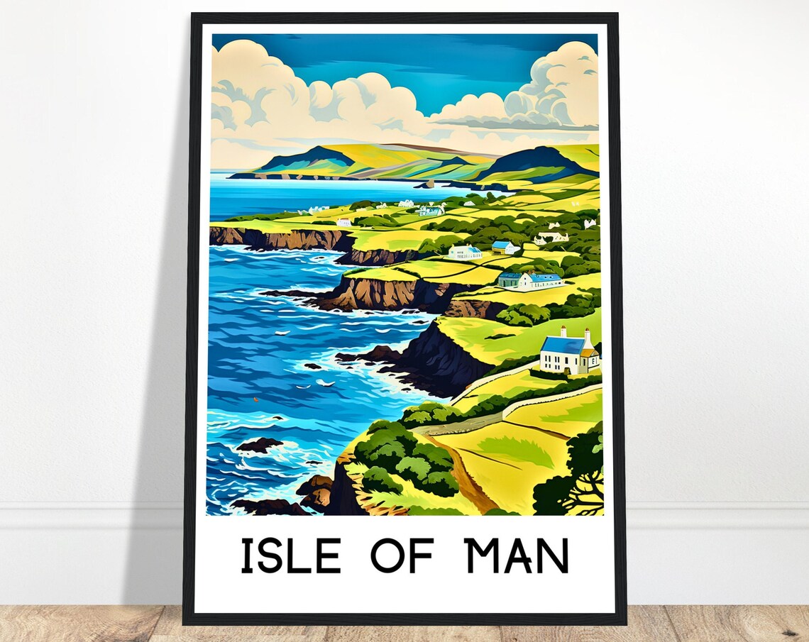 Isle of Man Coastal Cliffs Green Cottages Sea View Travel Poster