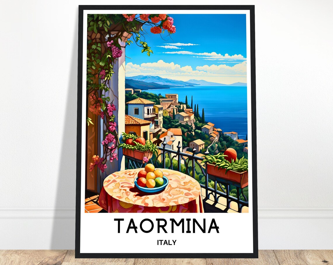 Taormina Balcony Terrace Sea View Sicily Italy Travel Poster