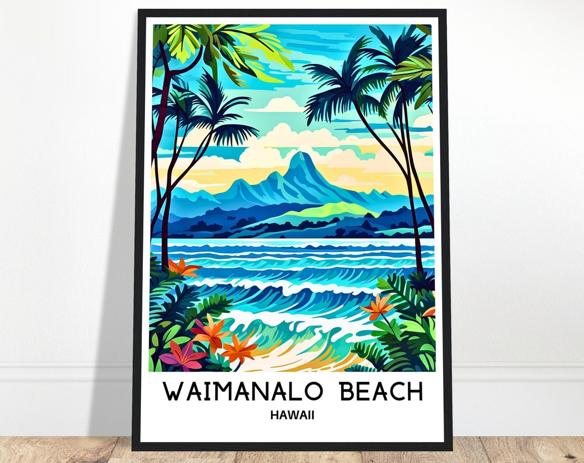 Waimanalo Beach Hawaii Rolling Surf Waves and Palm Trees Poster