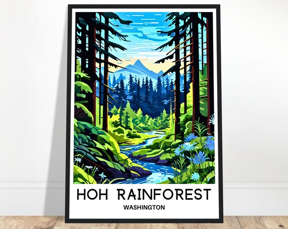 Hoh Rainforest Travel Print Rain Forest Poster Art Washington Lover Gift Wall Hanging Illustration Home Decor
