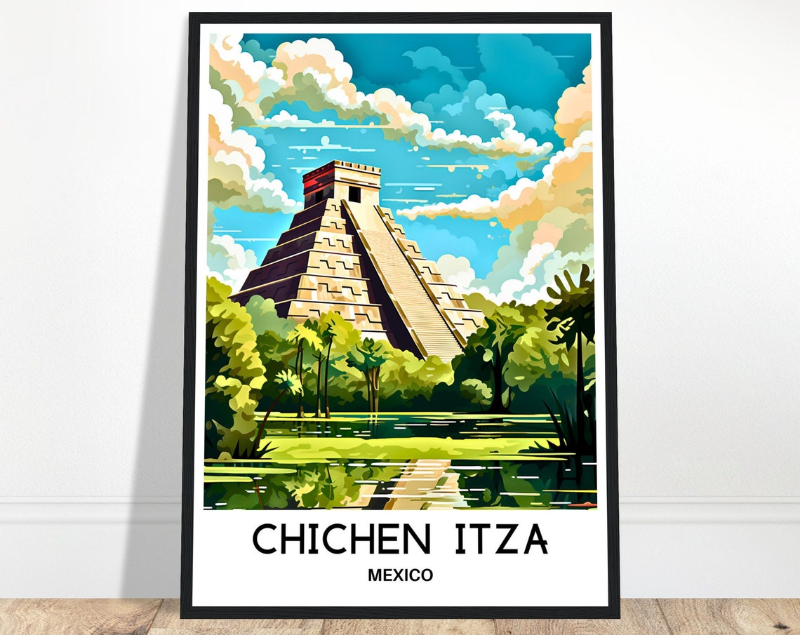 Chichen Itza Pyramid Mexico Travel Poster Under Bright Blue Sky