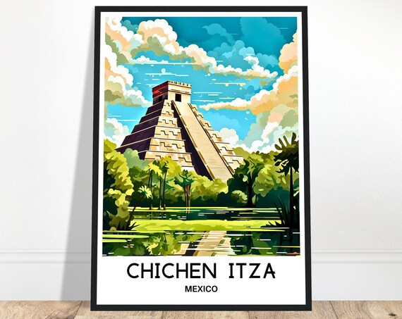 Chichen Itza Pyramid Mexico Travel Poster Under Bright Blue Sky