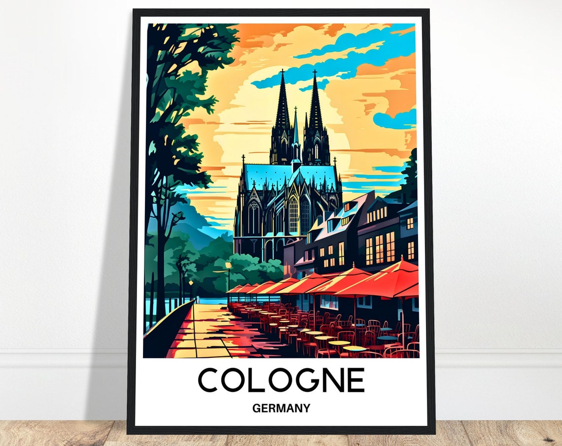Cologne Germany Cathedral at Sunset by Riverside Cafes Poster