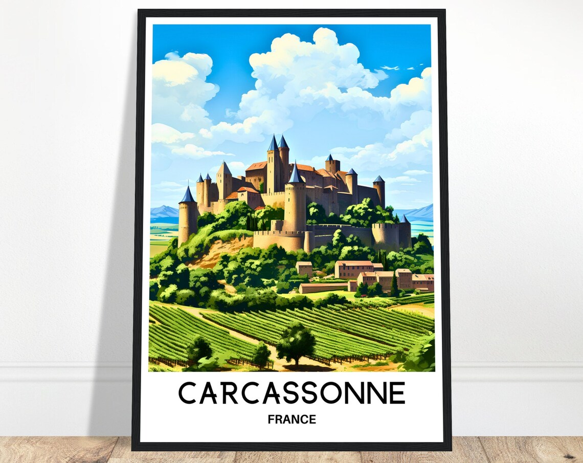 Carcassonne France Medieval Castle Above Vineyards Travel Poster