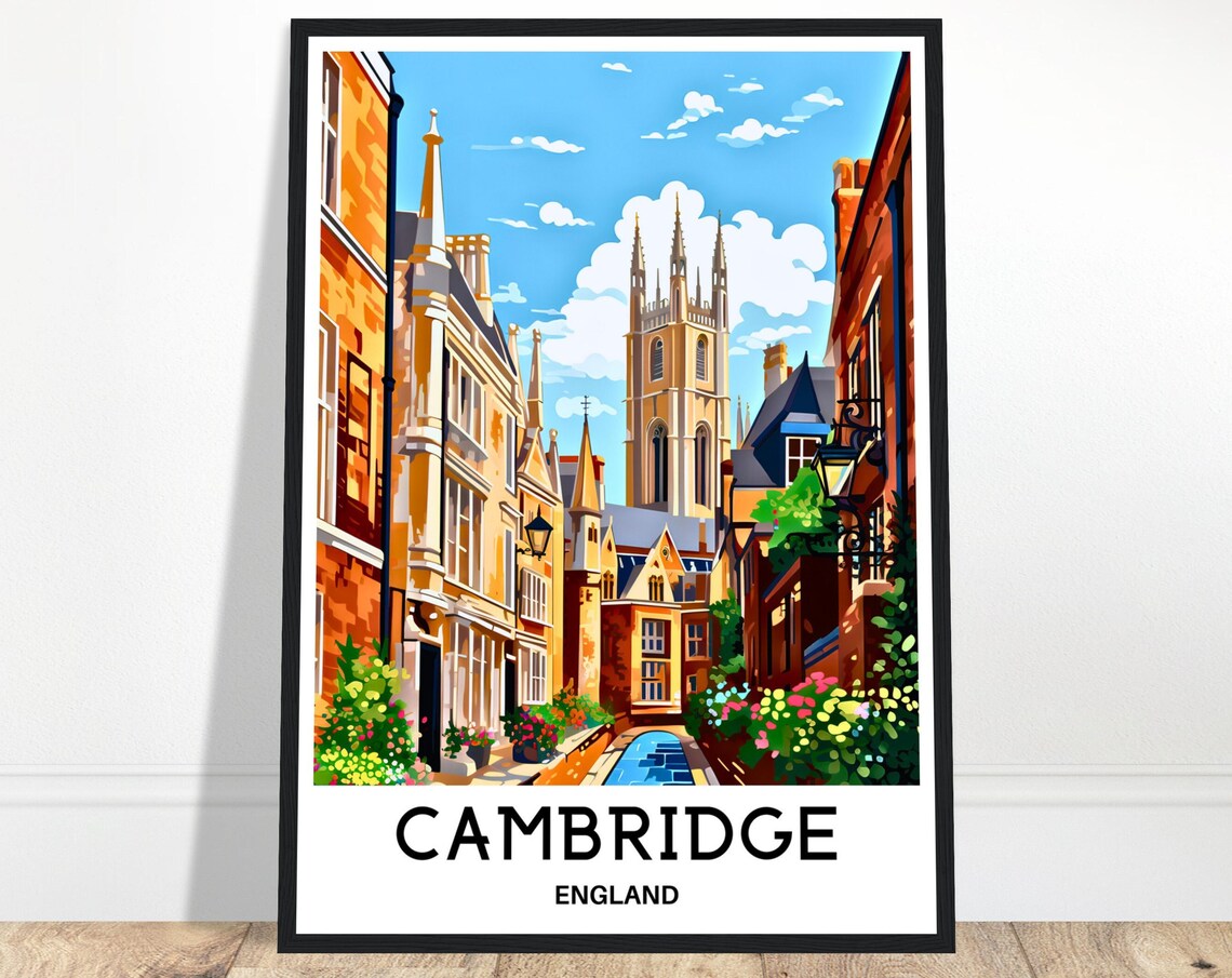 Cambridge England Historic College Street Illustrated Travel Poster