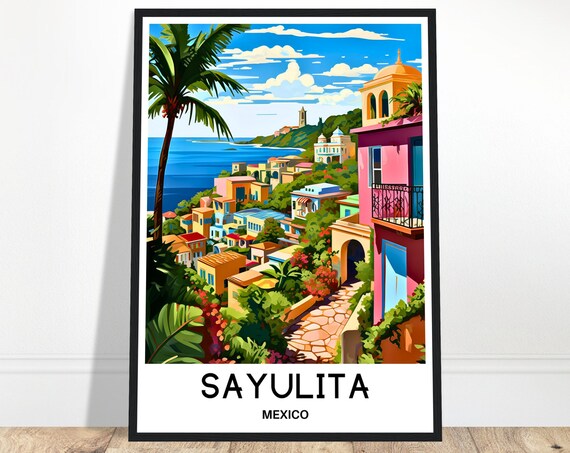 Sayulita Mexico Colorful Hillside Pastel Town Coast Travel Poster