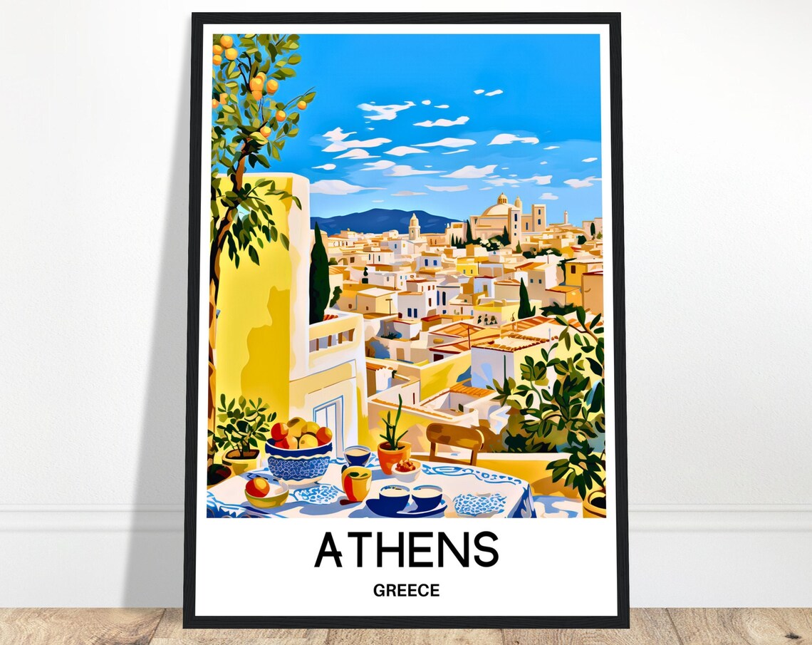 Athens Greece Travel Poster Sunny Terrace Over White City Hills