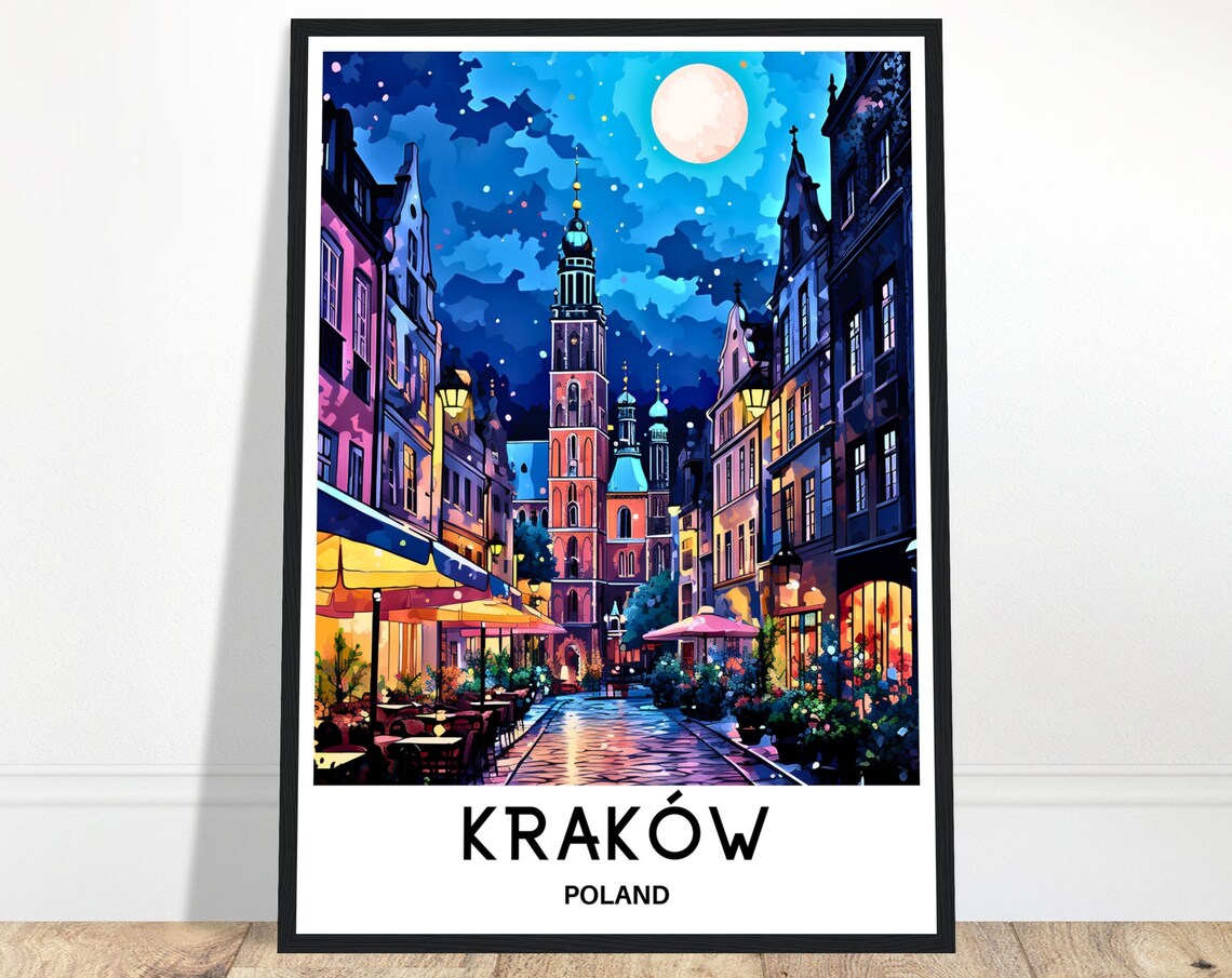 Krakow Poland Old Town at Night Under Full Moon Travel Poster