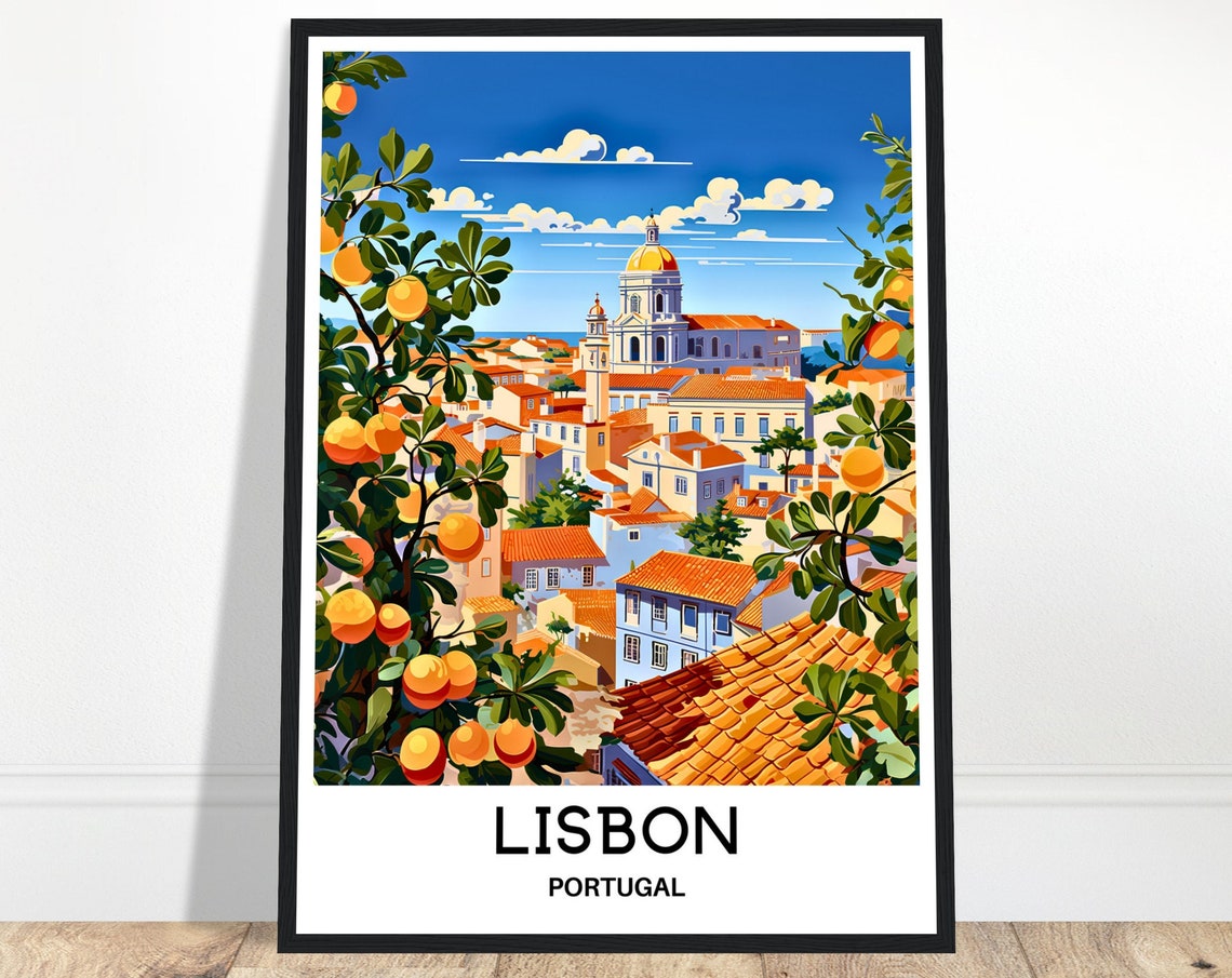 Lisbon Portugal Alfama Rooftops and Orange Trees Travel Poster