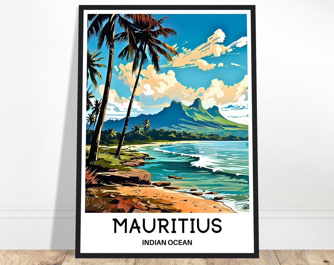 Mauritius Palm Beach Green Mountain Indian Ocean Travel Poster