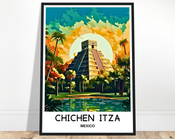 Chichen Itza Pyramid Mexico Travel Poster at Fiery Tropical Sunset