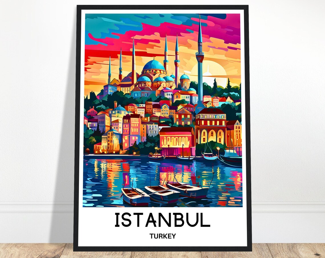 Istanbul Turkey Travel Poster Blue Mosque Sunset Bosphorus Boats