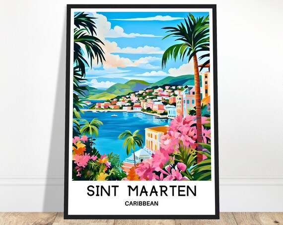 Sint Maarten Caribbean Bay Town with Palm Trees Travel Poster