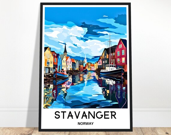 Stavanger Norway Harbor Colorful Houses Reflection Travel Poster