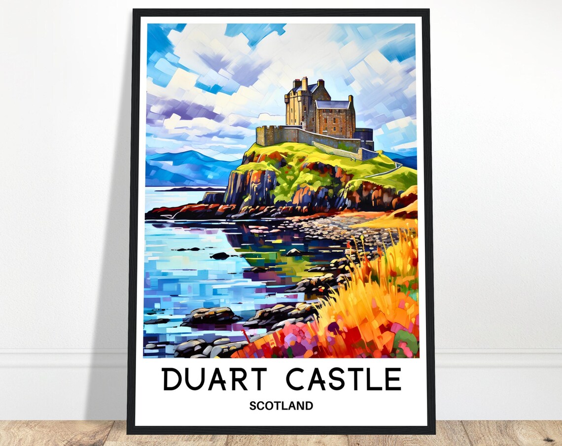 Duart Castle Scotland on Coastal Cliffs Colorful Travel Poster