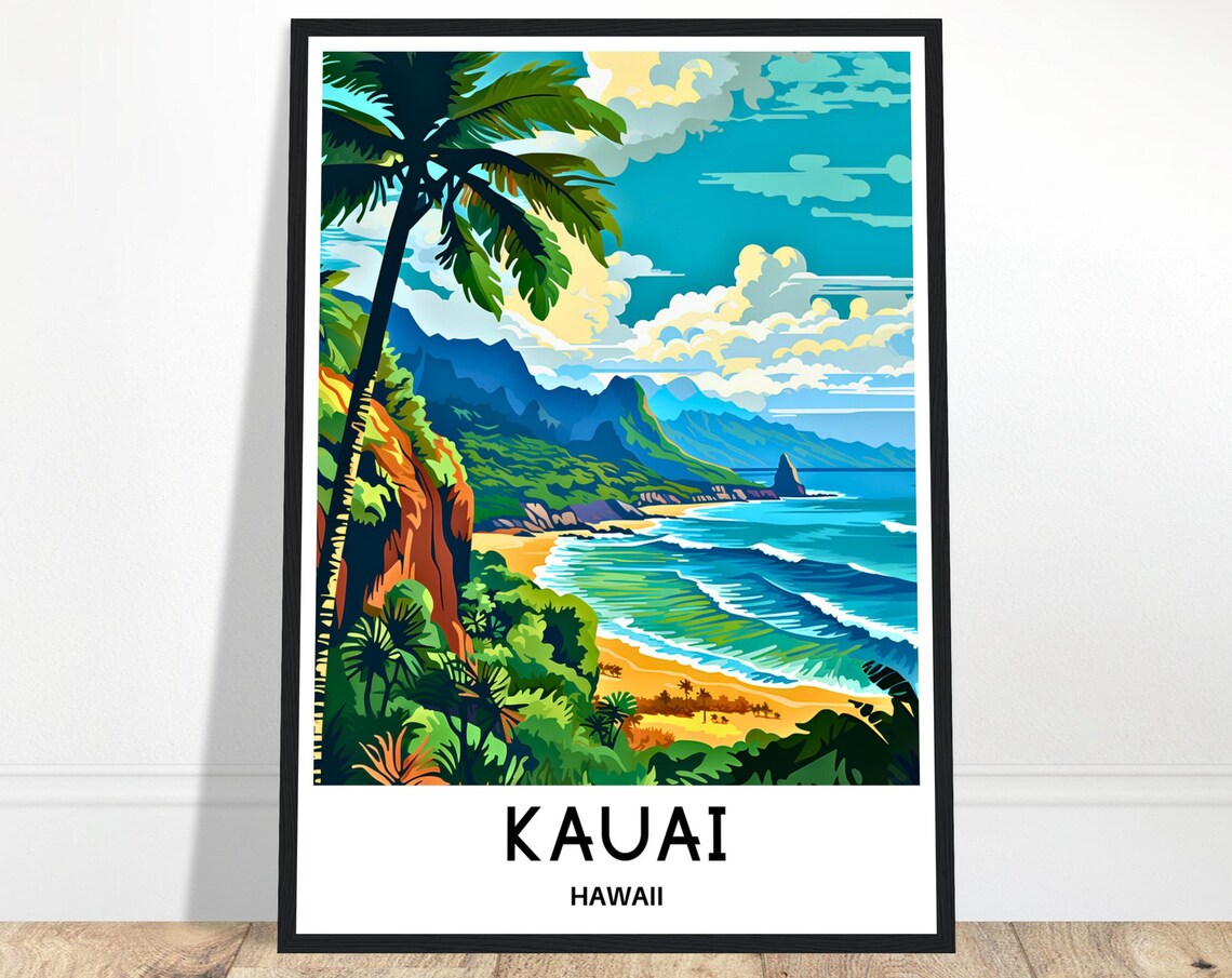 Kauai Hawaii Tropical Beach With Palms Illustrated Travel Poster