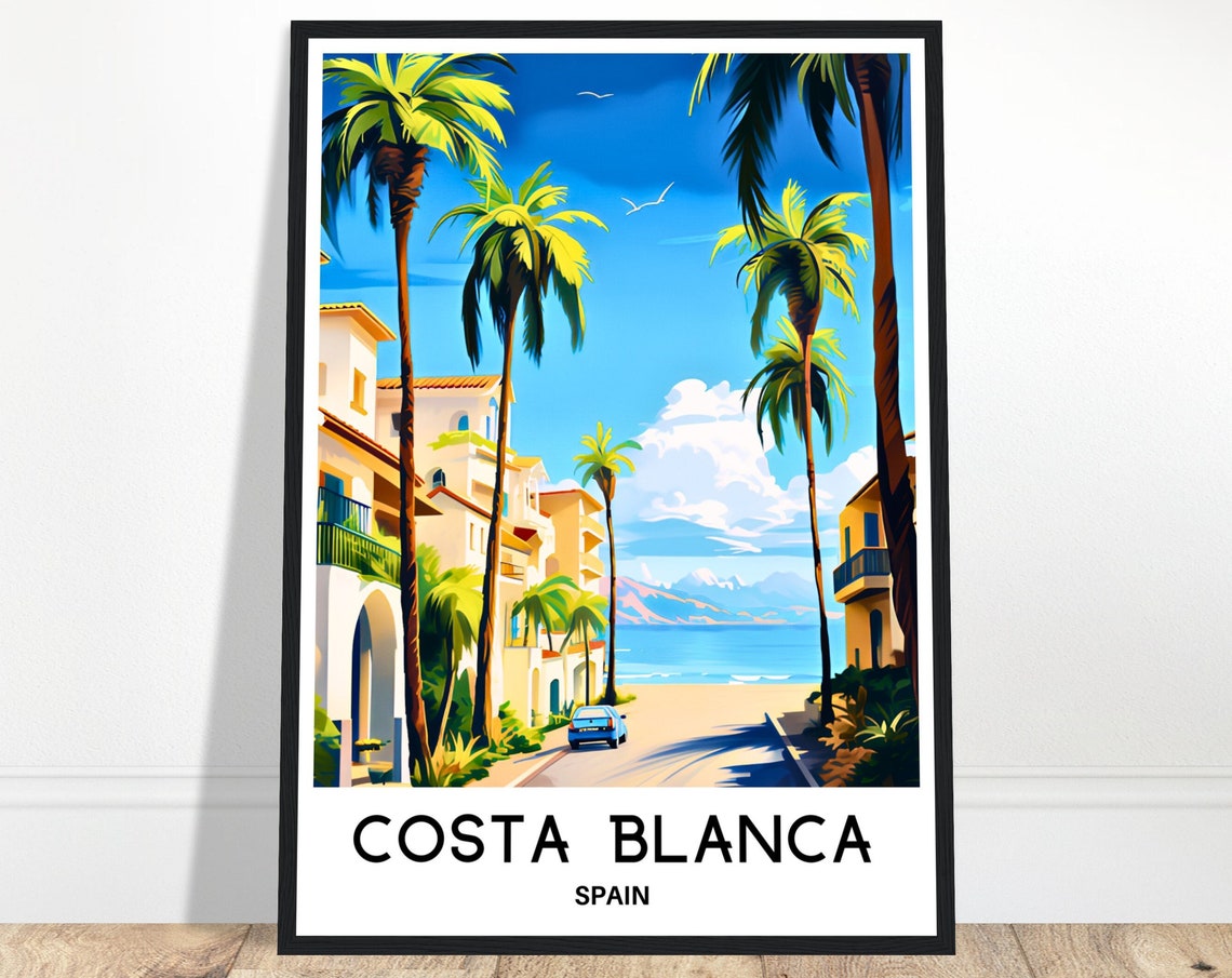 Costa Blanca Spain Palm Lined Street Down to the Beach Travel Poster